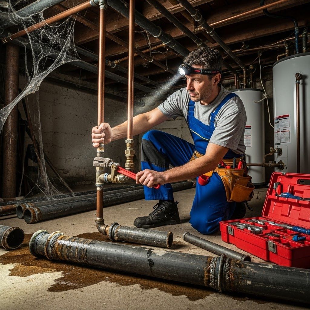 Loodgieter die werkt aan koperen leidingen in een kelder
